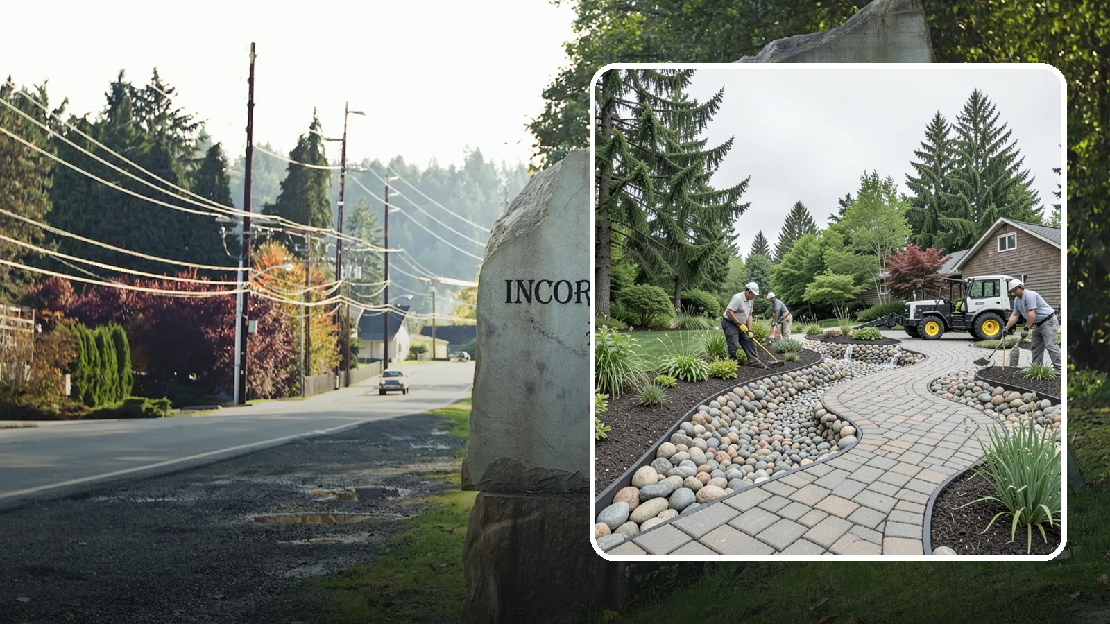 Cobble Installation in Wilkeson, Pierce County, WA - Large, rounded river cobble that creates dry creek beds, drainage swales, and dramatic garden focal points.