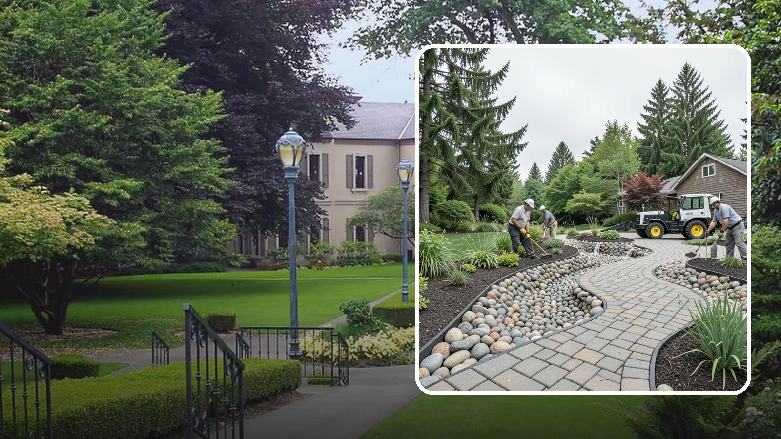 Cobble Installation in Woodinville, King County, WA - Large, rounded river cobble that creates dry creek beds, drainage swales, and dramatic garden focal points.