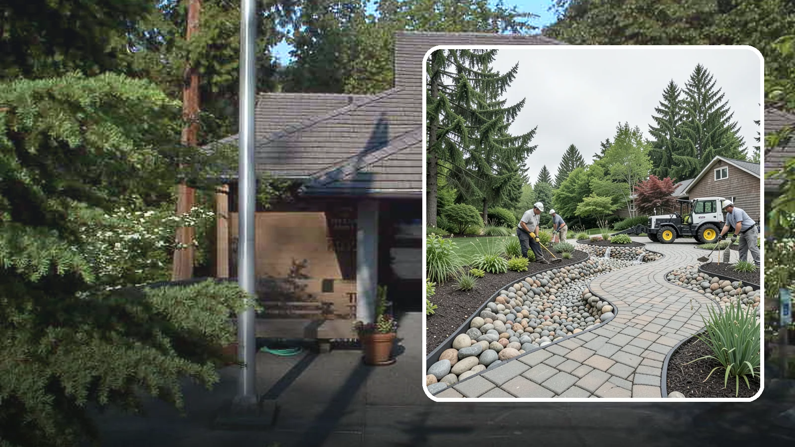 Cobble Installation in Yarrow Point, King County, WA - Large, rounded river cobble that creates dry creek beds, drainage swales, and dramatic garden focal points.