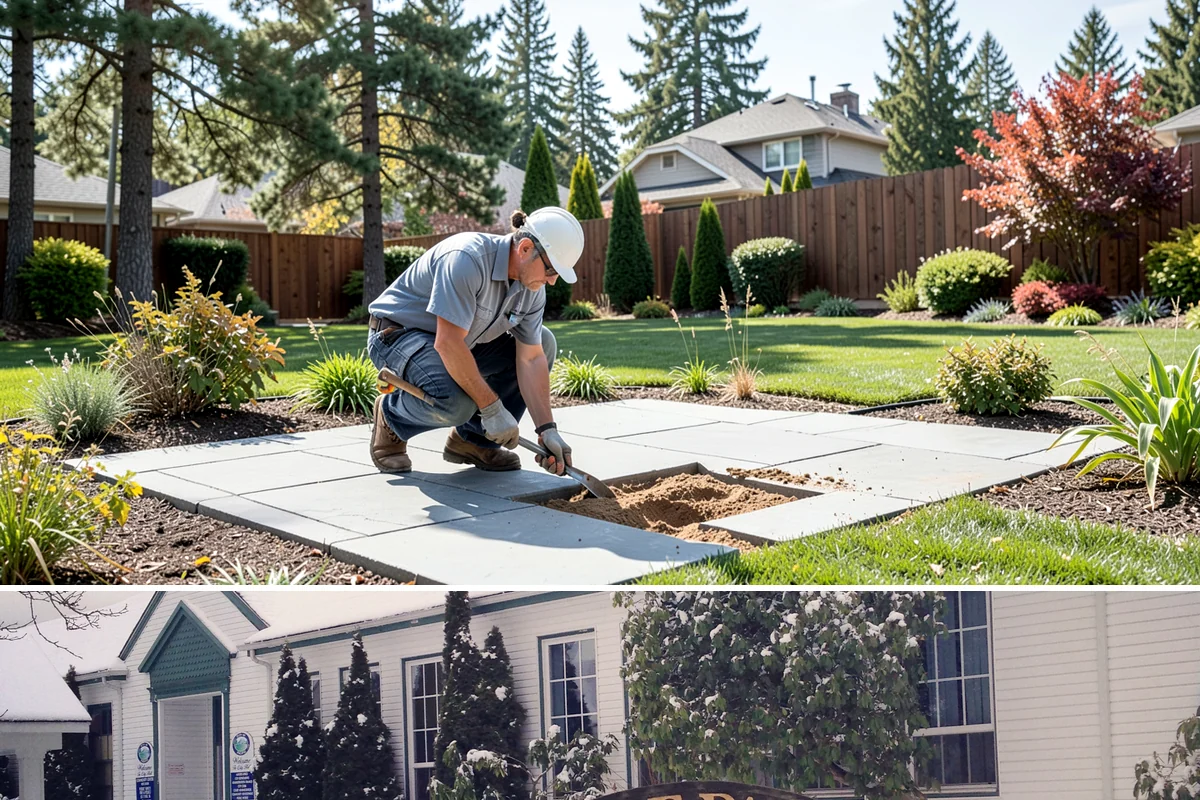 Cobblestone Installation in Pacific, King County, WA - Best laid spring through fall so joints set before winter, though mortared cobble aprons can be built in drier cold-weather...