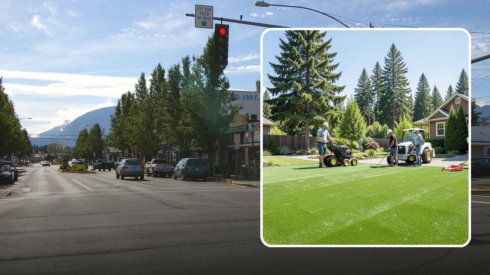 Commercial Artificial Turf in North Bend, King County, WA - Large-scale commercial turf for businesses, medians, and grounds that stays green with no maintenance budget.