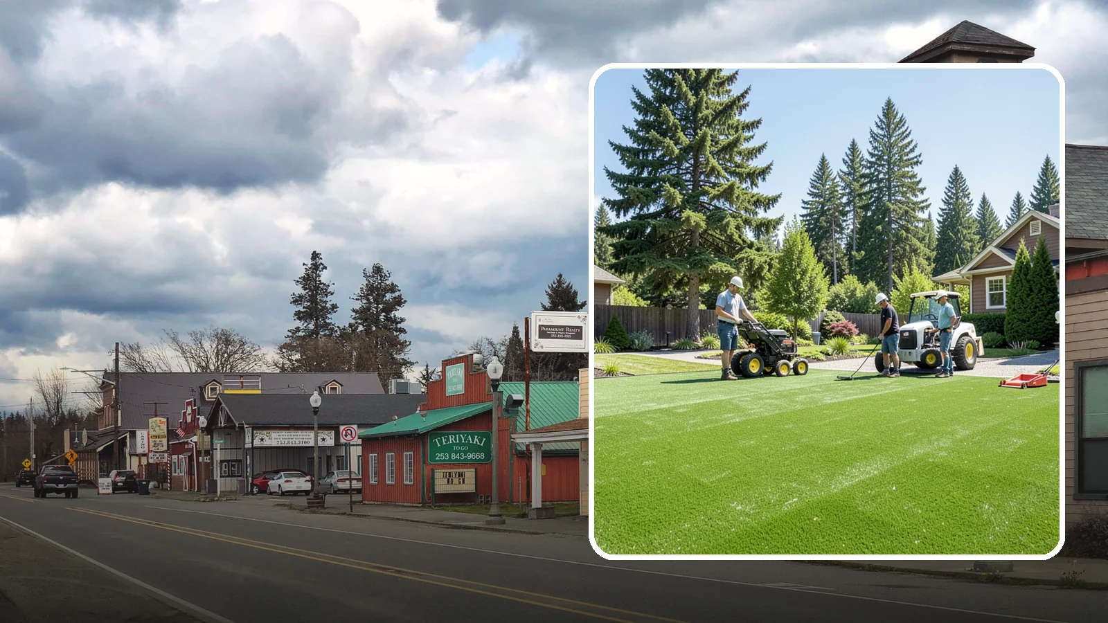 Commercial Artificial Turf in Roy, Pierce County, WA - Large-scale commercial turf for businesses, medians, and grounds that stays green with no maintenance budget.