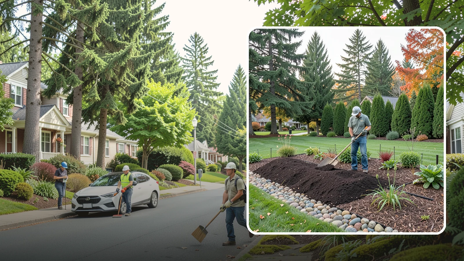 Compost Application in Beaux Arts Village, King County, WA - Nutrient-rich compost spread over beds and lawns to build healthy soil and feed plants naturally.