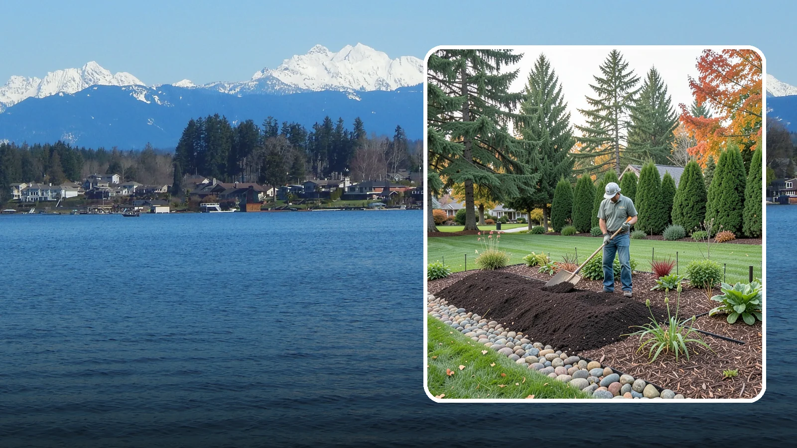 Compost Application in Lake Stevens, Snohomish County, WA - Nutrient-rich compost spread over beds and lawns to build healthy soil and feed plants naturally.