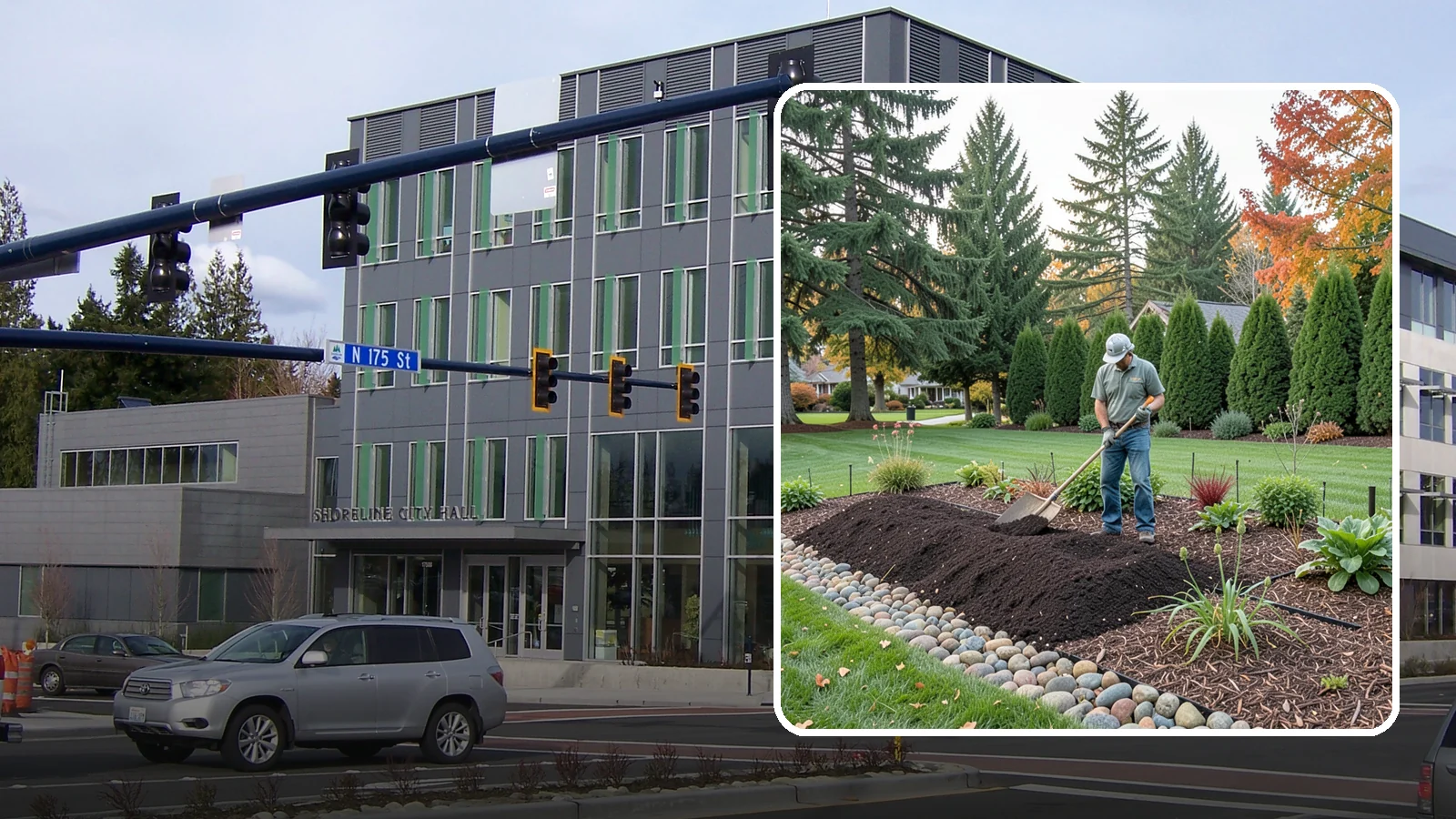 Compost Application in Shoreline, King County, WA - Nutrient-rich compost spread over beds and lawns to build healthy soil and feed plants naturally.