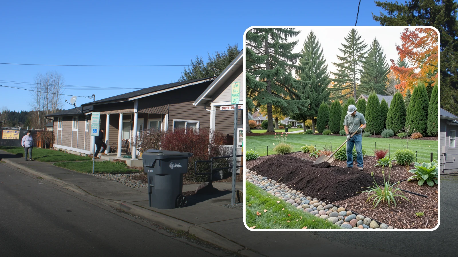 Compost Application in South Prairie, Pierce County, WA - Nutrient-rich compost spread over beds and lawns to build healthy soil and feed plants naturally.
