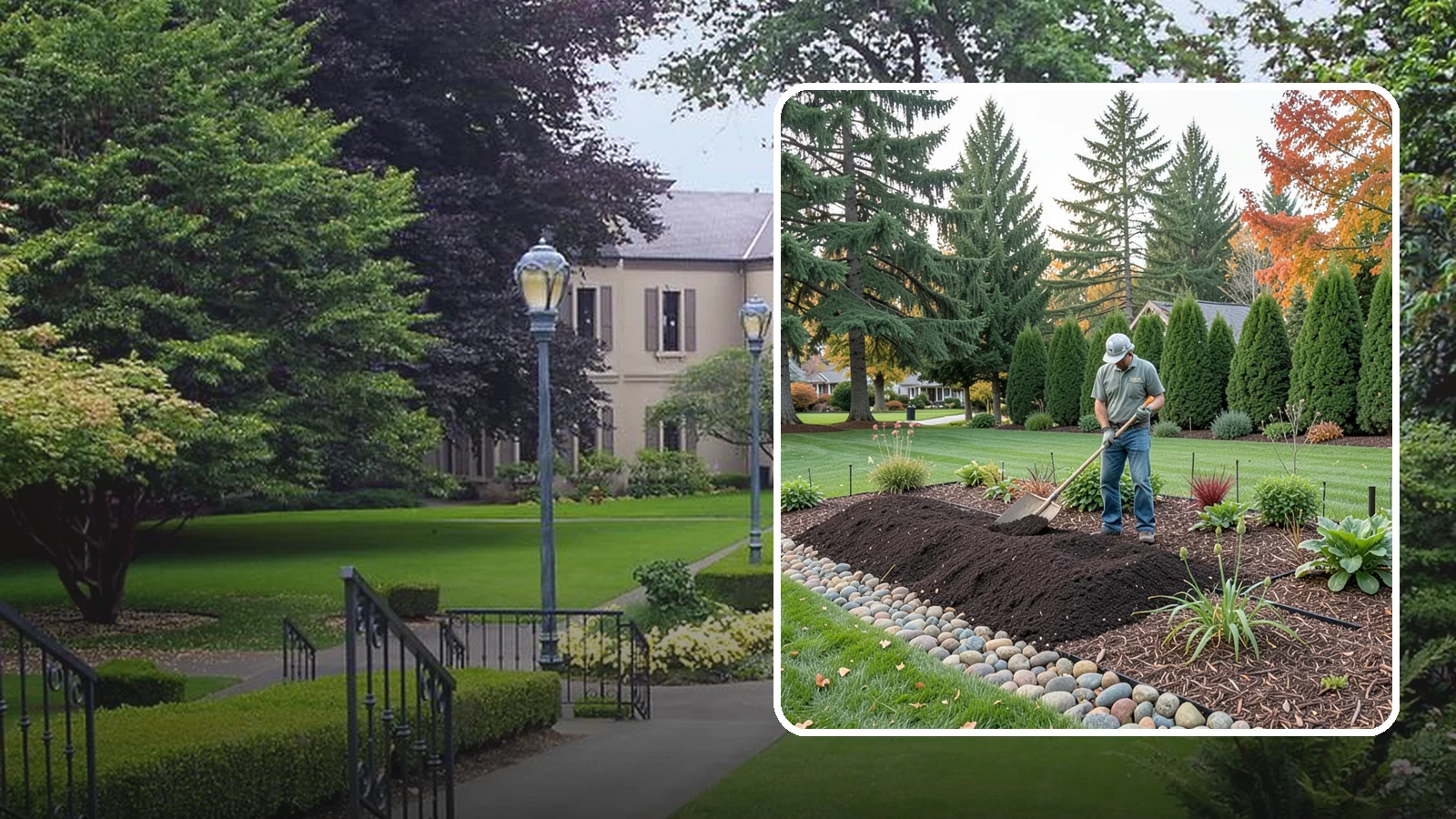 Compost Application in Woodinville, King County, WA - Nutrient-rich compost spread over beds and lawns to build healthy soil and feed plants naturally.