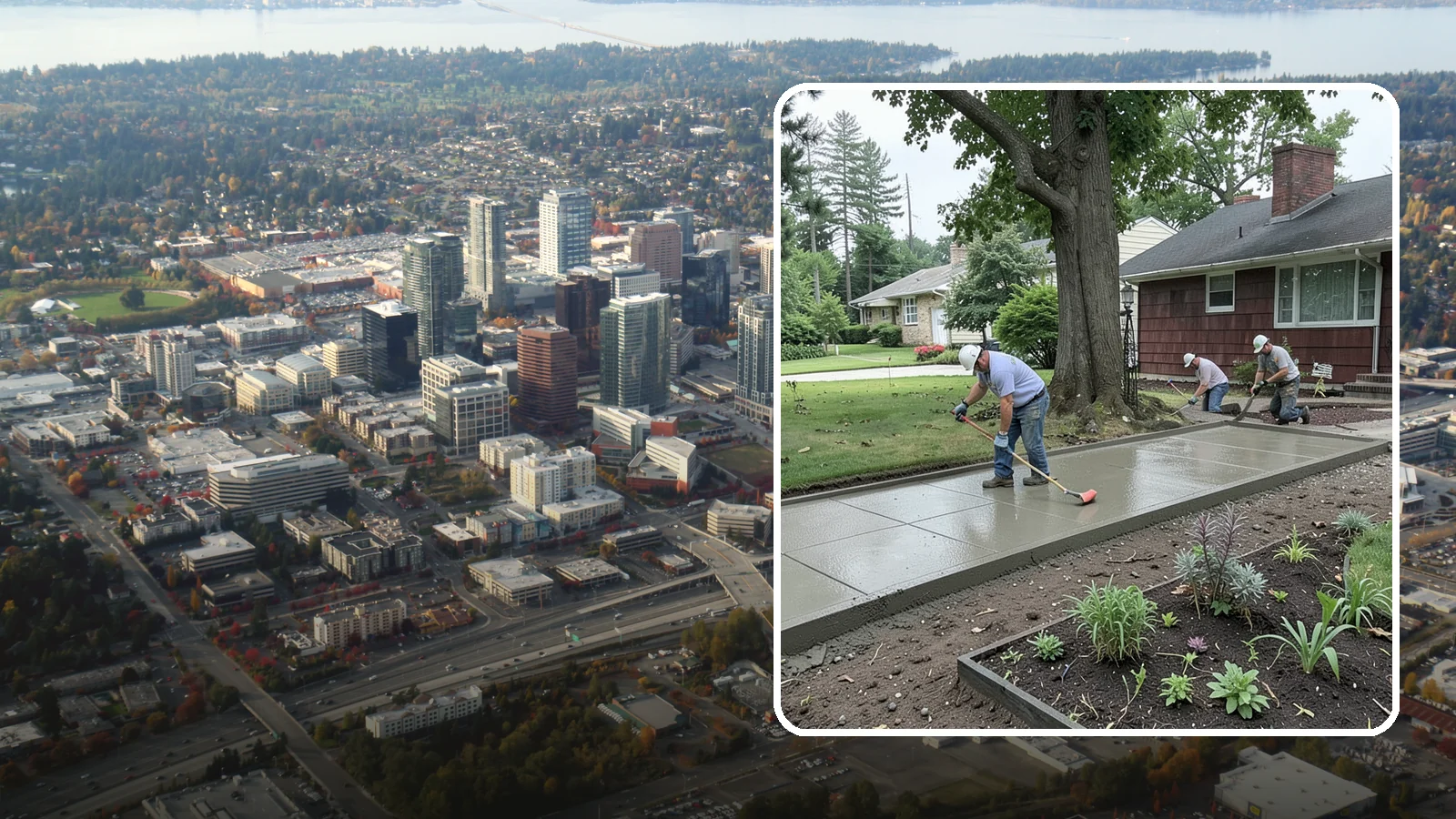 Concrete Driveway Installation in Bellevue, King County, WA - We install thick, reinforced concrete driveways engineered to carry vehicle loads over the region's soft, saturated soils.