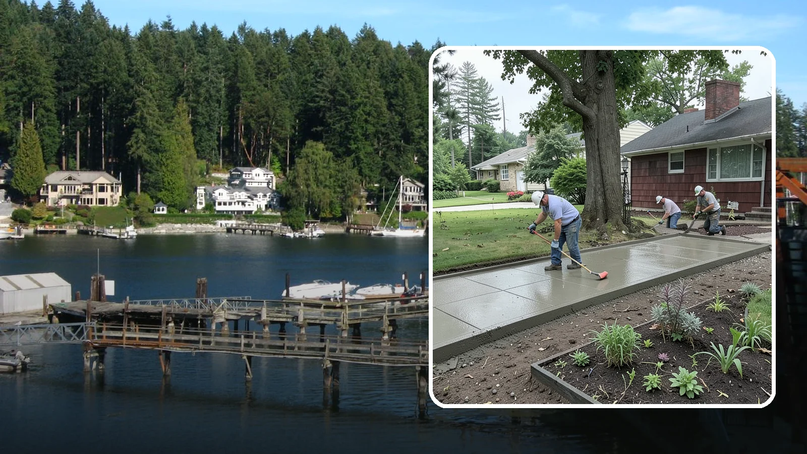 Concrete Driveway Installation in Gig Harbor, Pierce County, WA - We install thick, reinforced concrete driveways engineered to carry vehicle loads over the region's soft, saturated soils.