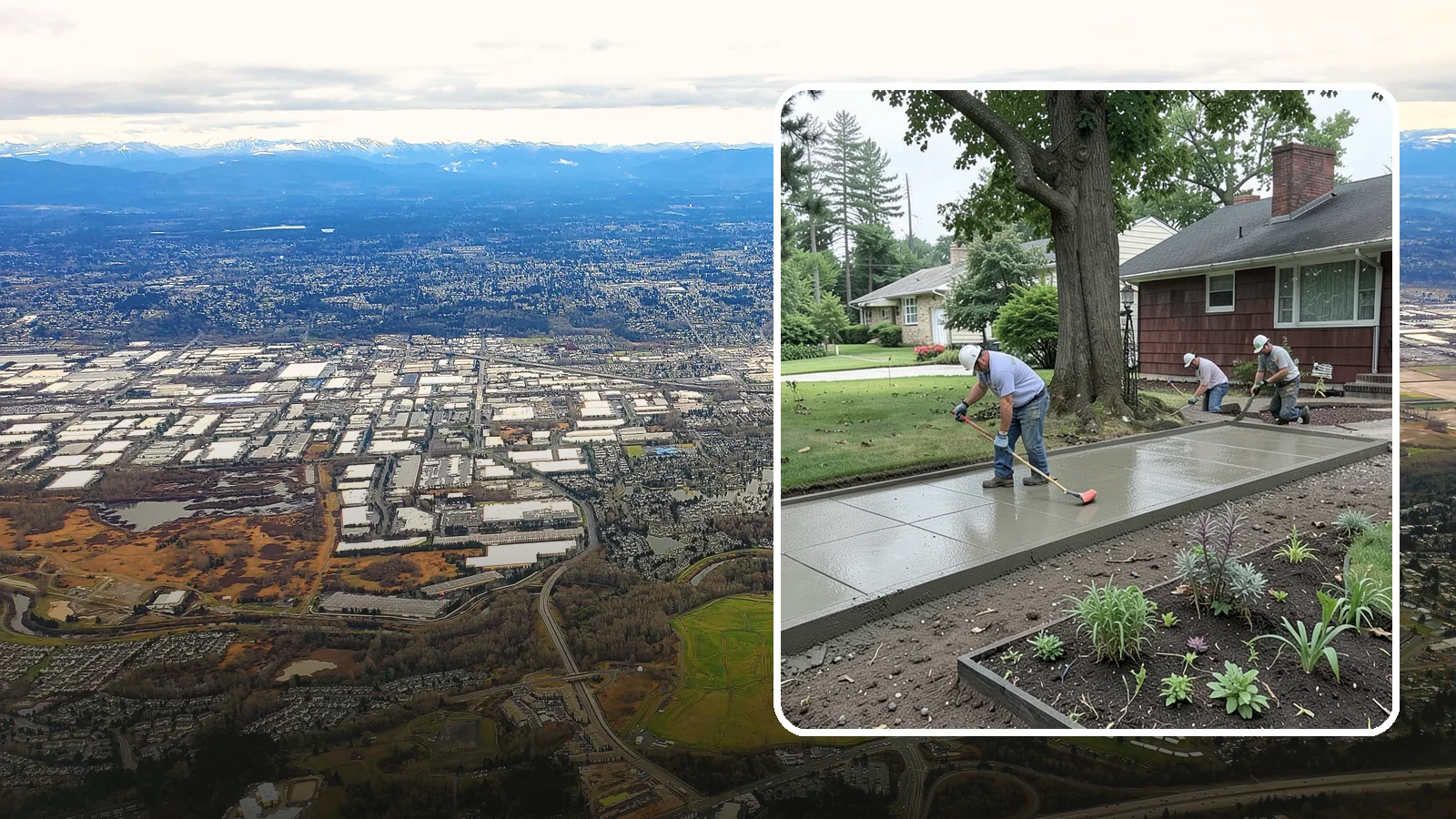 Concrete Driveway Installation in Kent, King County, WA - We install thick, reinforced concrete driveways engineered to carry vehicle loads over the region's soft, saturated soils.