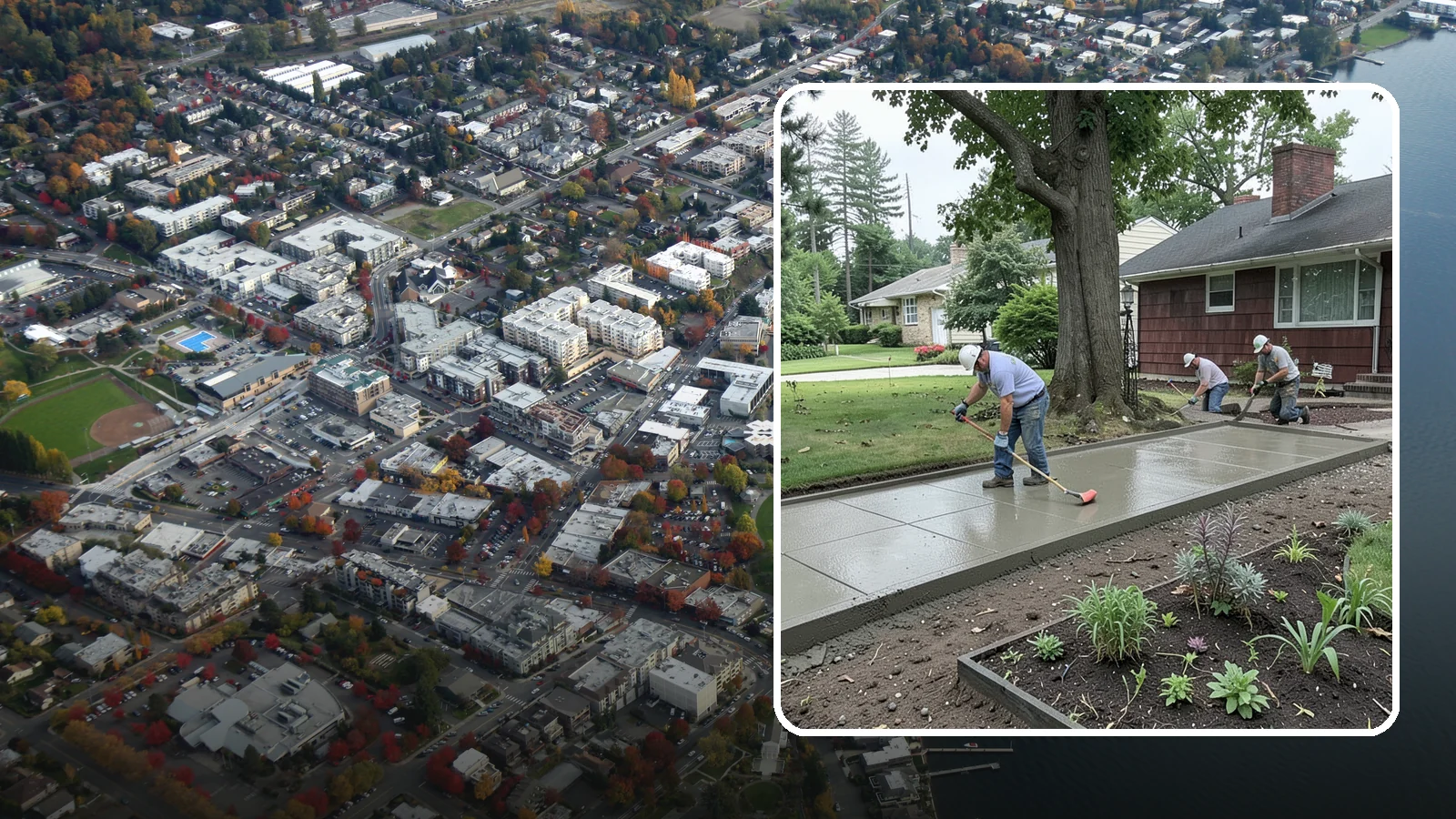 Concrete Driveway Installation in Kirkland, King County, WA - We install thick, reinforced concrete driveways engineered to carry vehicle loads over the region's soft, saturated soils.