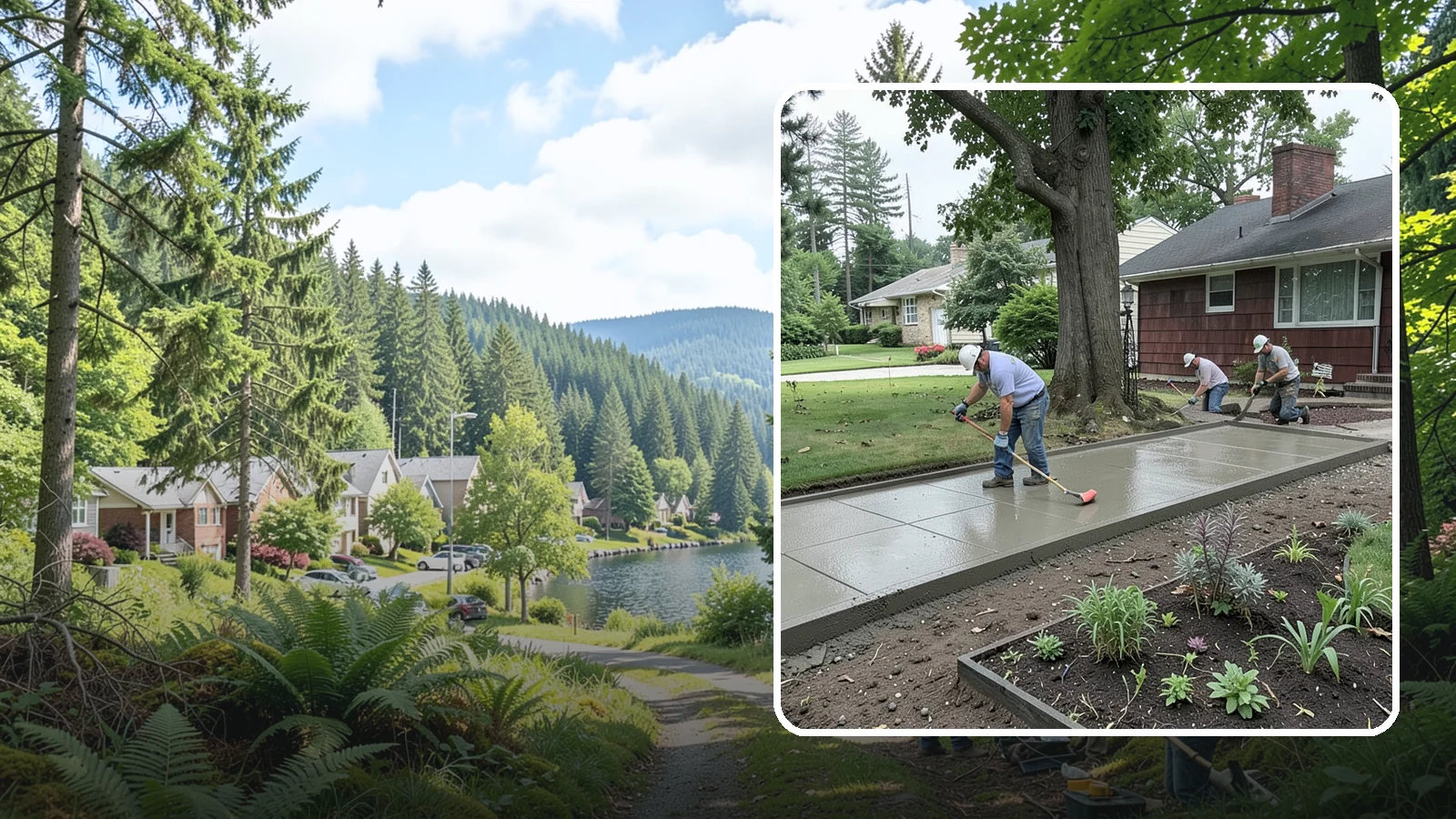 Concrete Driveway Installation in Lake Forest Park, King County, WA - We install thick, reinforced concrete driveways engineered to carry vehicle loads over the region's soft, saturated soils.