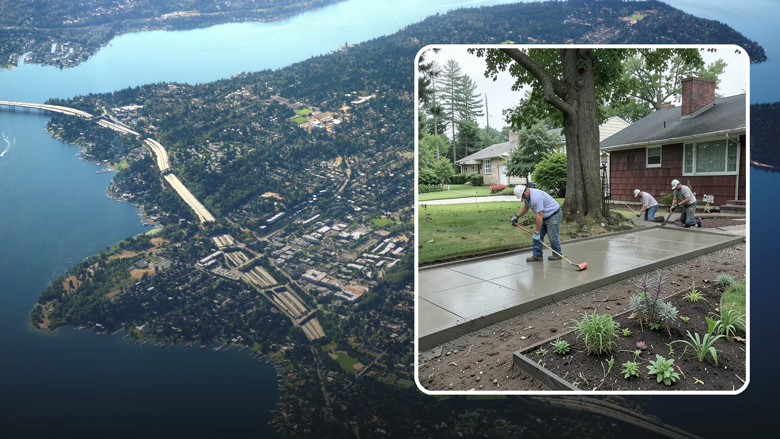 Concrete Driveway Installation in Mercer Island, King County, WA - We install thick, reinforced concrete driveways engineered to carry vehicle loads over the region's soft, saturated soils.