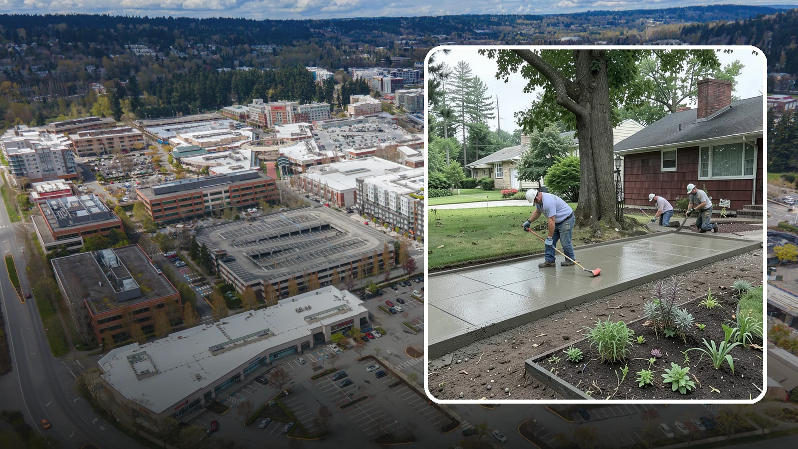 Concrete Driveway Installation in Redmond, King County, WA - We install thick, reinforced concrete driveways engineered to carry vehicle loads over the region's soft, saturated soils.