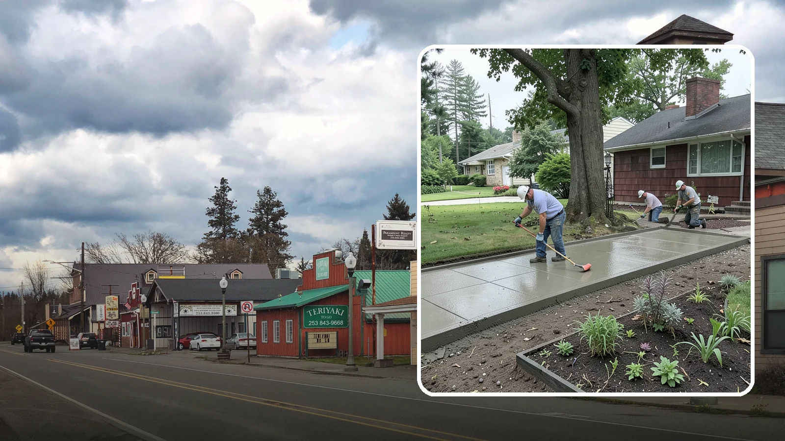 Concrete Driveway Installation in Roy, Pierce County, WA - We install thick, reinforced concrete driveways engineered to carry vehicle loads over the region's soft, saturated soils.