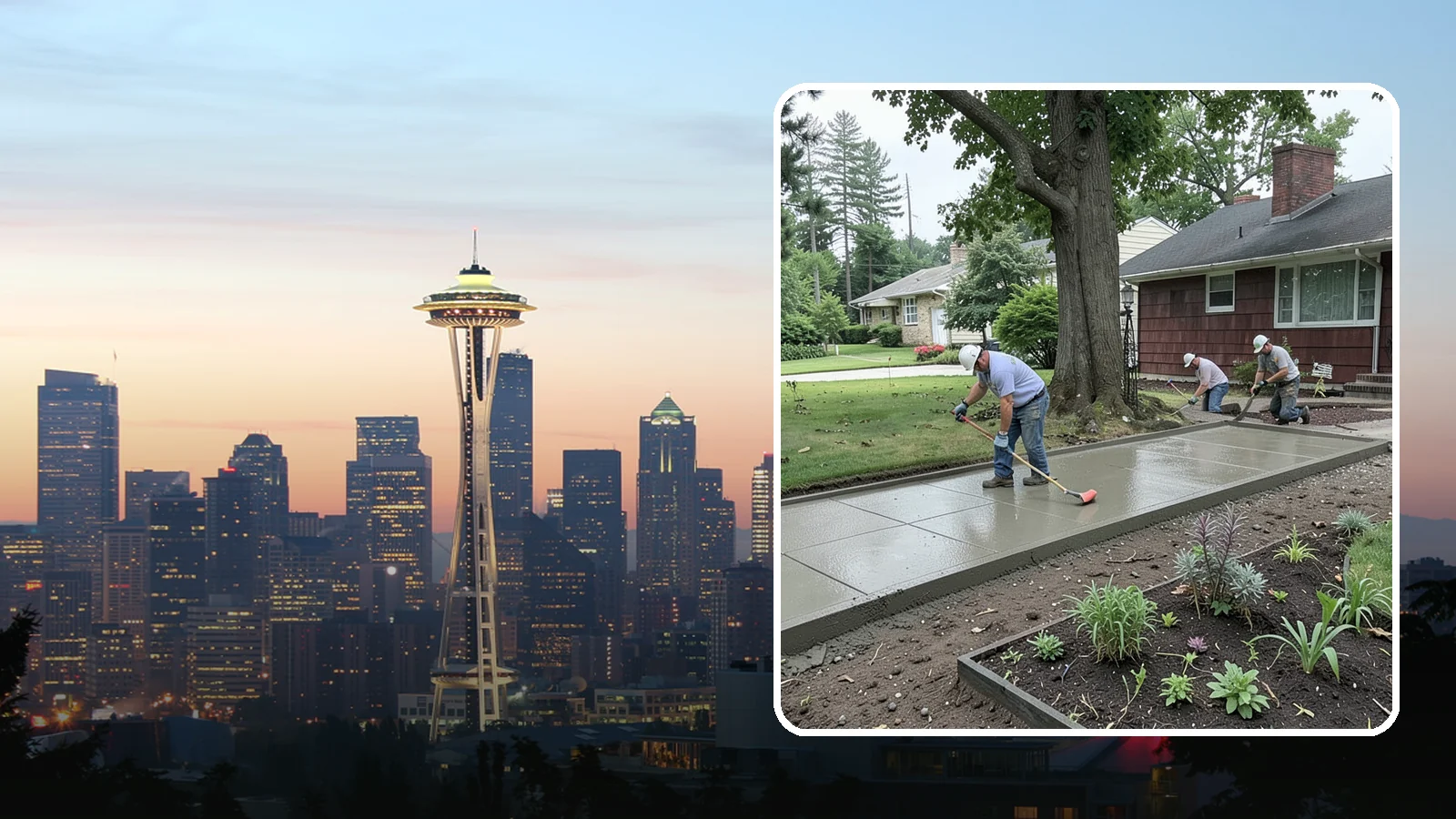 Concrete Driveway Installation in Seattle, King County, WA - We install thick, reinforced concrete driveways engineered to carry vehicle loads over the region's soft, saturated soils.