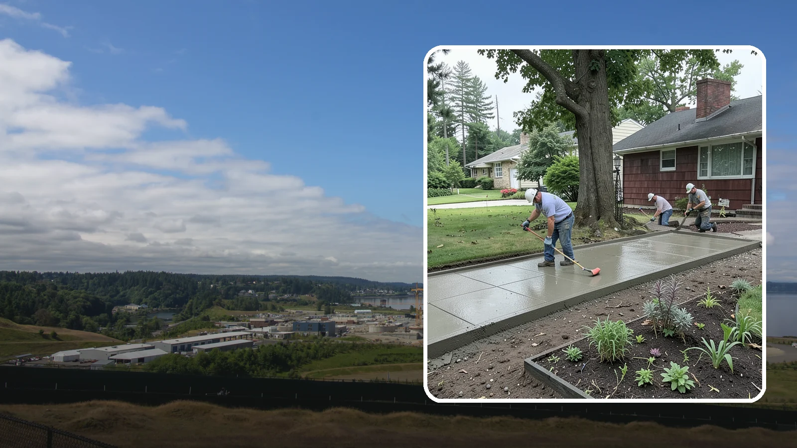 Concrete Driveway Installation in University Place, Pierce County, WA - We install thick, reinforced concrete driveways engineered to carry vehicle loads over the region's soft, saturated soils.
