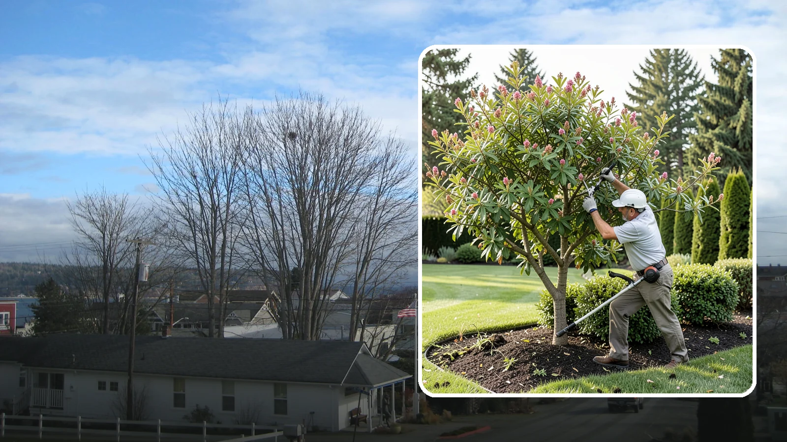 Crape Myrtle Pruning in Langley, Island County, WA - Proper crape myrtle pruning that avoids "crape murder" and preserves natural form and bloom.