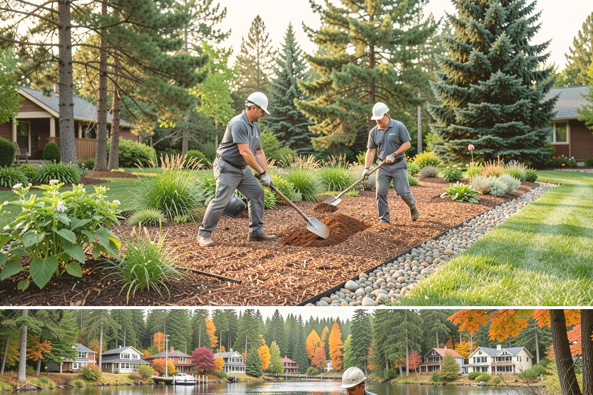 Deck Landscaping in La Conner, Skagit County, WA - Spring and fall planting takes advantage of cool, damp Northwest weather so borders around the deck establish before summer.