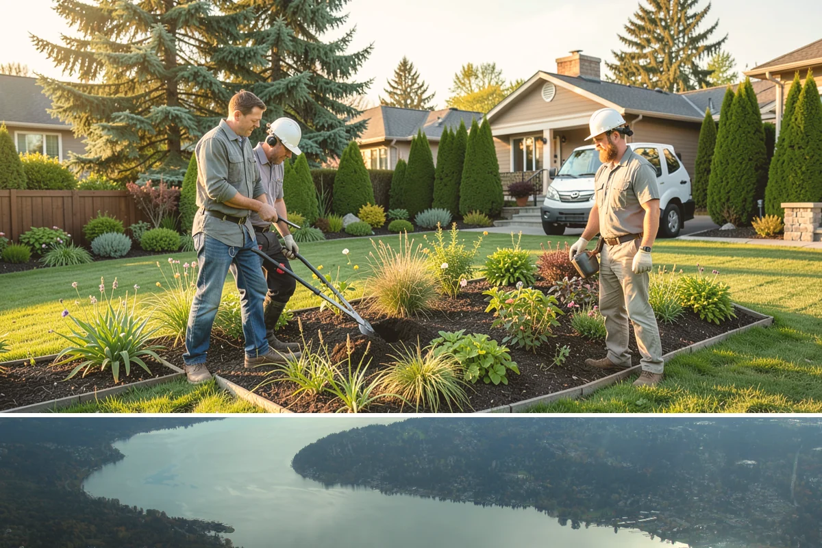 Deck Landscaping in Sammamish, King County, WA - Spring and fall planting takes advantage of cool, damp Northwest weather so borders around the deck establish before summer.