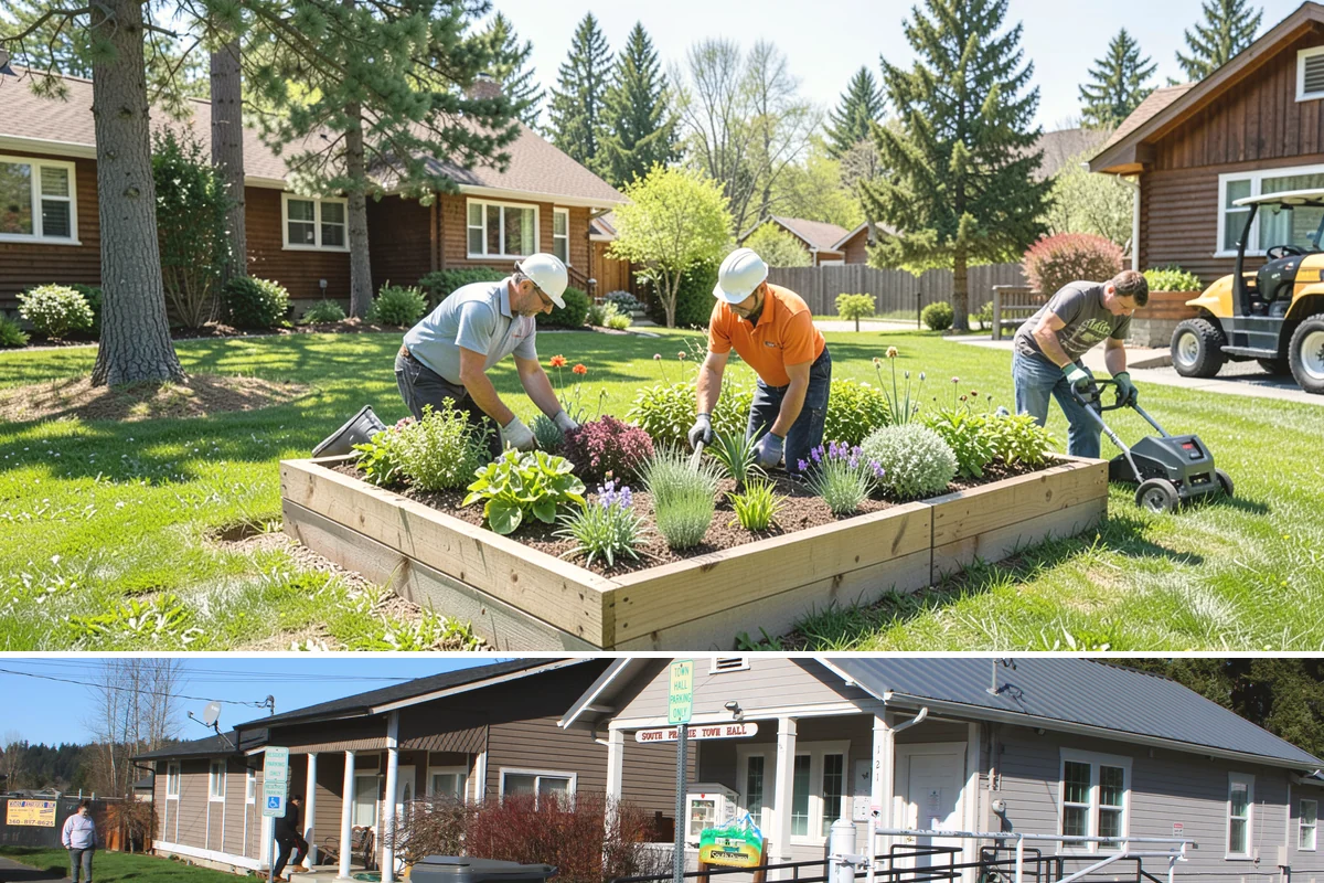 Deck Landscaping in South Prairie, Pierce County, WA - Spring and fall planting takes advantage of cool, damp Northwest weather so borders around the deck establish before summer.