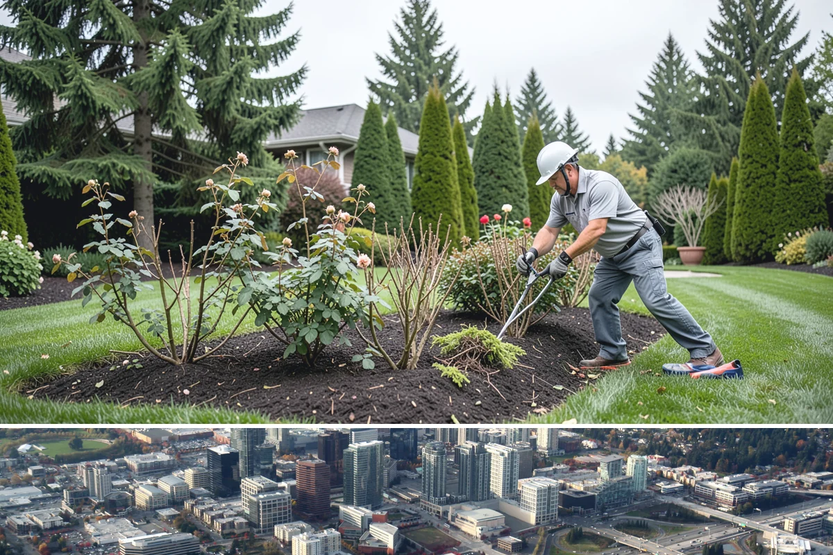 Decorative Mulch Installation in Bellevue, King County, WA - Spring installation showcases color through the growing season, while cool, damp PNW weather helps freshly dyed mulch set without...