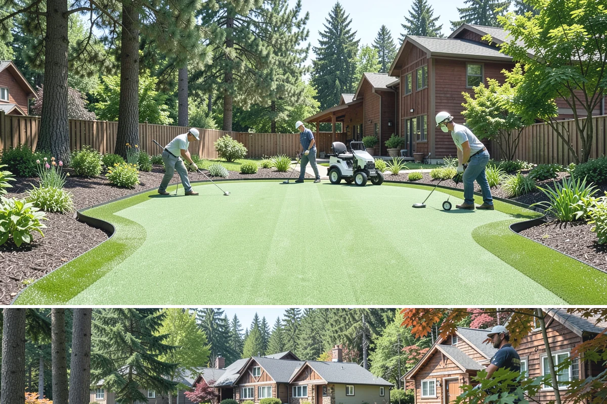 Decorative Mulch Installation in Edgewood, Pierce County, WA - Spring installation showcases color through the growing season, while cool, damp PNW weather helps freshly dyed mulch set without...