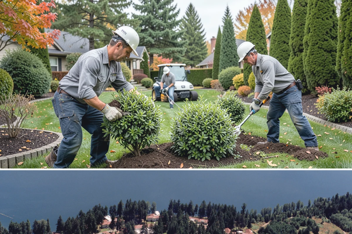 Decorative Mulch Installation in Lakewood, Pierce County, WA - Spring installation showcases color through the growing season, while cool, damp PNW weather helps freshly dyed mulch set without...