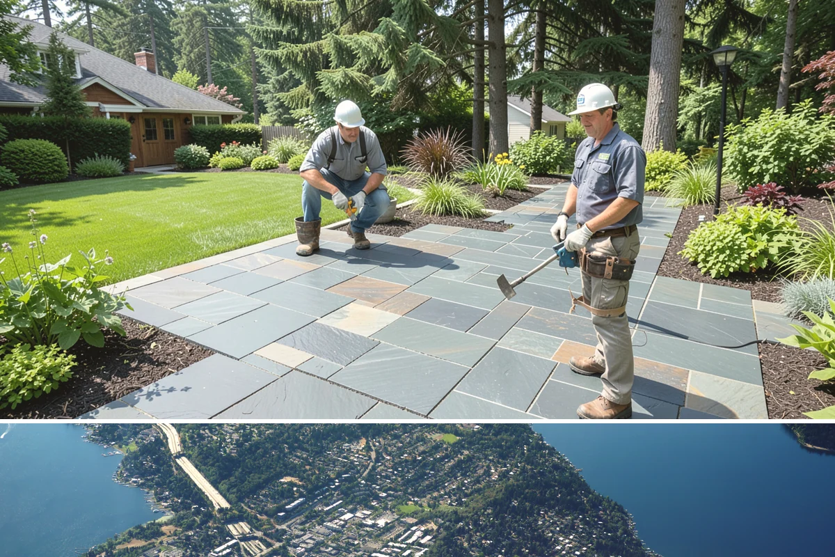Decorative Mulch Installation in Mercer Island, King County, WA - Spring installation showcases color through the growing season, while cool, damp PNW weather helps freshly dyed mulch set without...