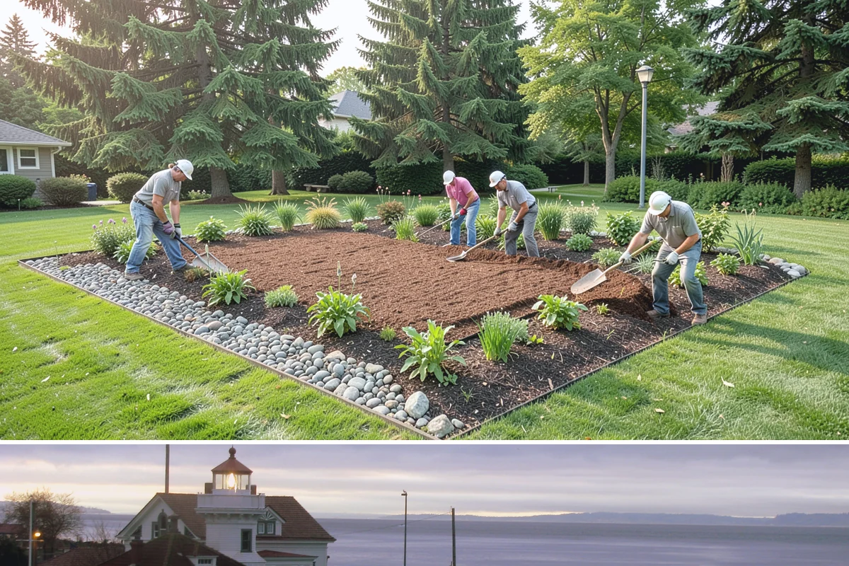 Decorative Mulch Installation in Mukilteo, Snohomish County, WA - Spring installation showcases color through the growing season, while cool, damp PNW weather helps freshly dyed mulch set without...
