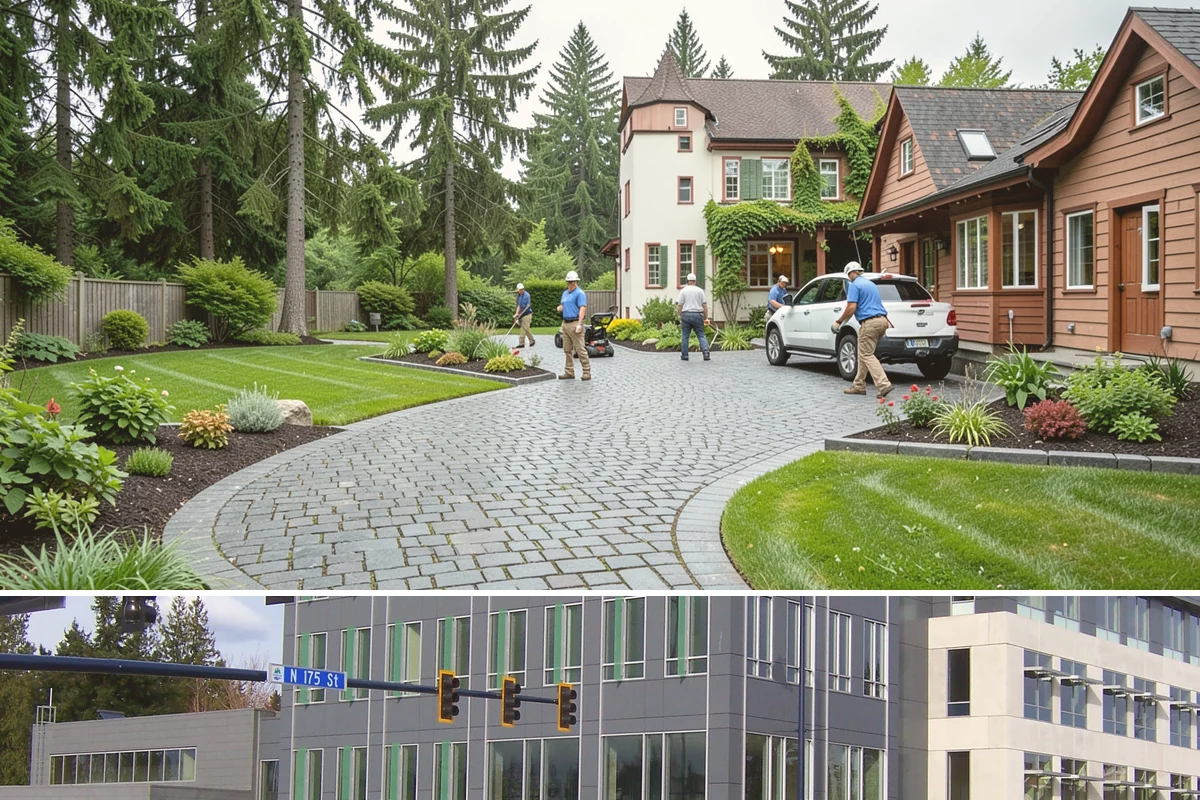 Decorative Mulch Installation in Shoreline, King County, WA - Spring installation showcases color through the growing season, while cool, damp PNW weather helps freshly dyed mulch set without...