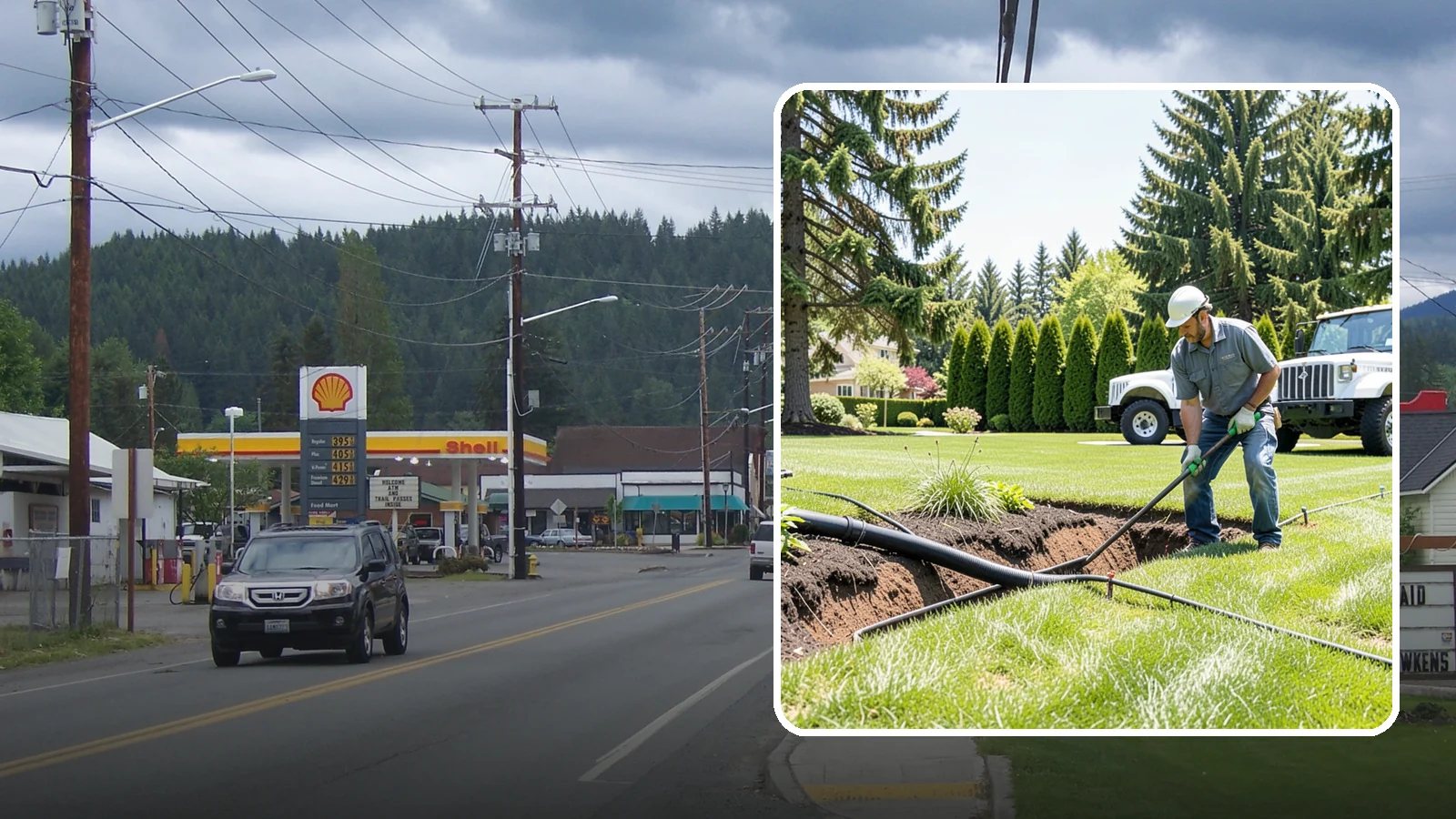 Downspout Burial in Granite Falls, Snohomish County, WA - We bury and pipe your downspout discharge underground, carrying roof runoff well away from the foundation to a safe outlet.