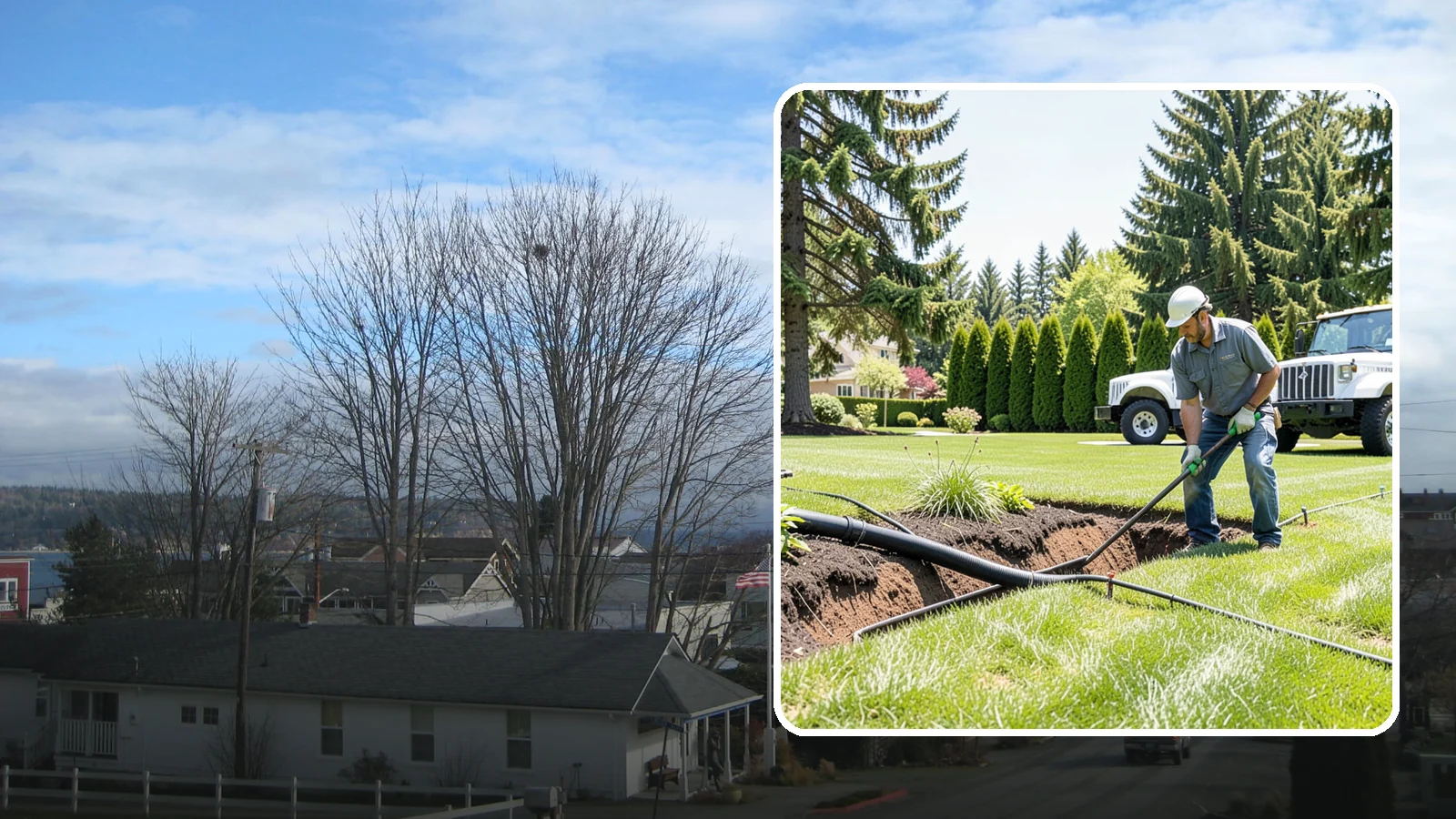 Downspout Burial in Langley, Island County, WA - We bury and pipe your downspout discharge underground, carrying roof runoff well away from the foundation to a safe outlet.