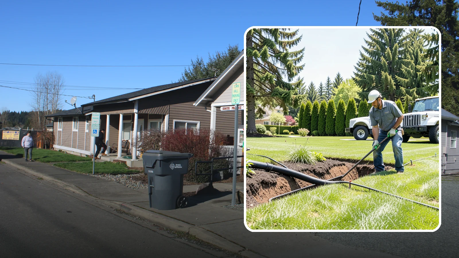 Downspout Burial in South Prairie, Pierce County, WA - We bury and pipe your downspout discharge underground, carrying roof runoff well away from the foundation to a safe outlet.
