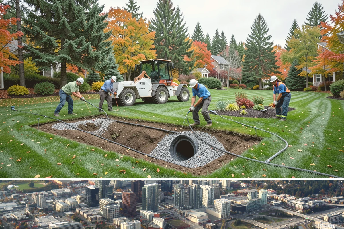 Downspout Drainage in Bellevue, King County, WA - Best installed in drier conditions.
