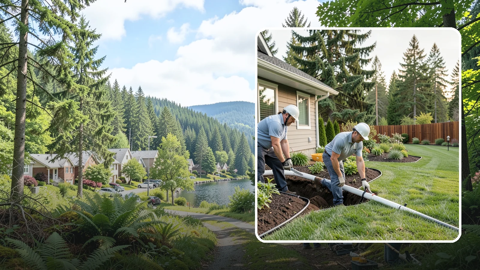 Downspout Drainage in Lake Forest Park, King County, WA - Buried downspout lines that carry roof runoff safely away from your foundation and landscape.