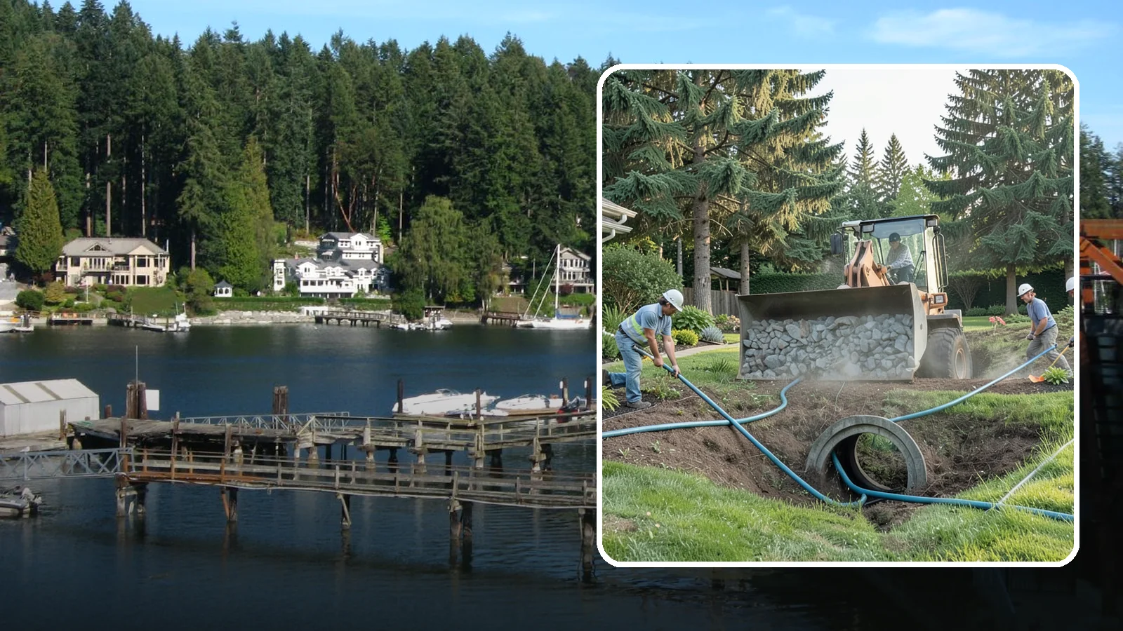 Drainage Solutions in Gig Harbor, Pierce County, WA - Custom drainage systems that eliminate standing water, soggy lawns, and water pooling around your home.
