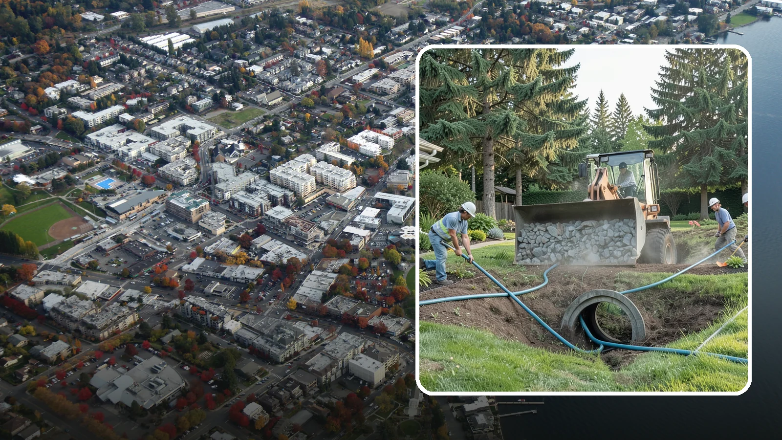 Drainage Solutions in Kirkland, King County, WA - Custom drainage systems that eliminate standing water, soggy lawns, and water pooling around your home.
