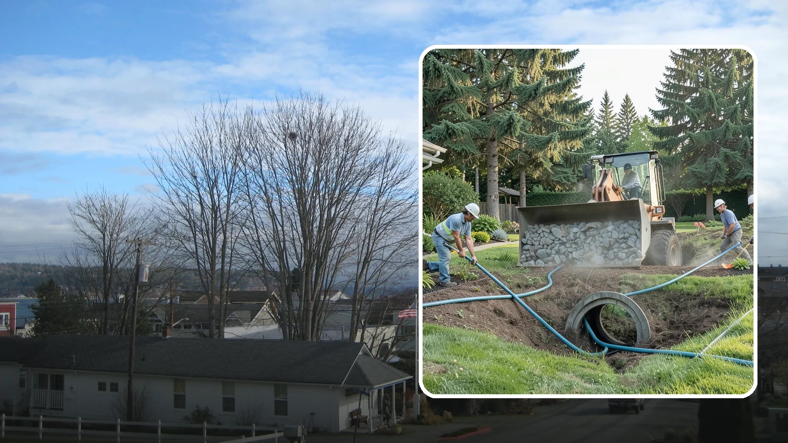 Drainage Solutions in Langley, Island County, WA - Custom drainage systems that eliminate standing water, soggy lawns, and water pooling around your home.