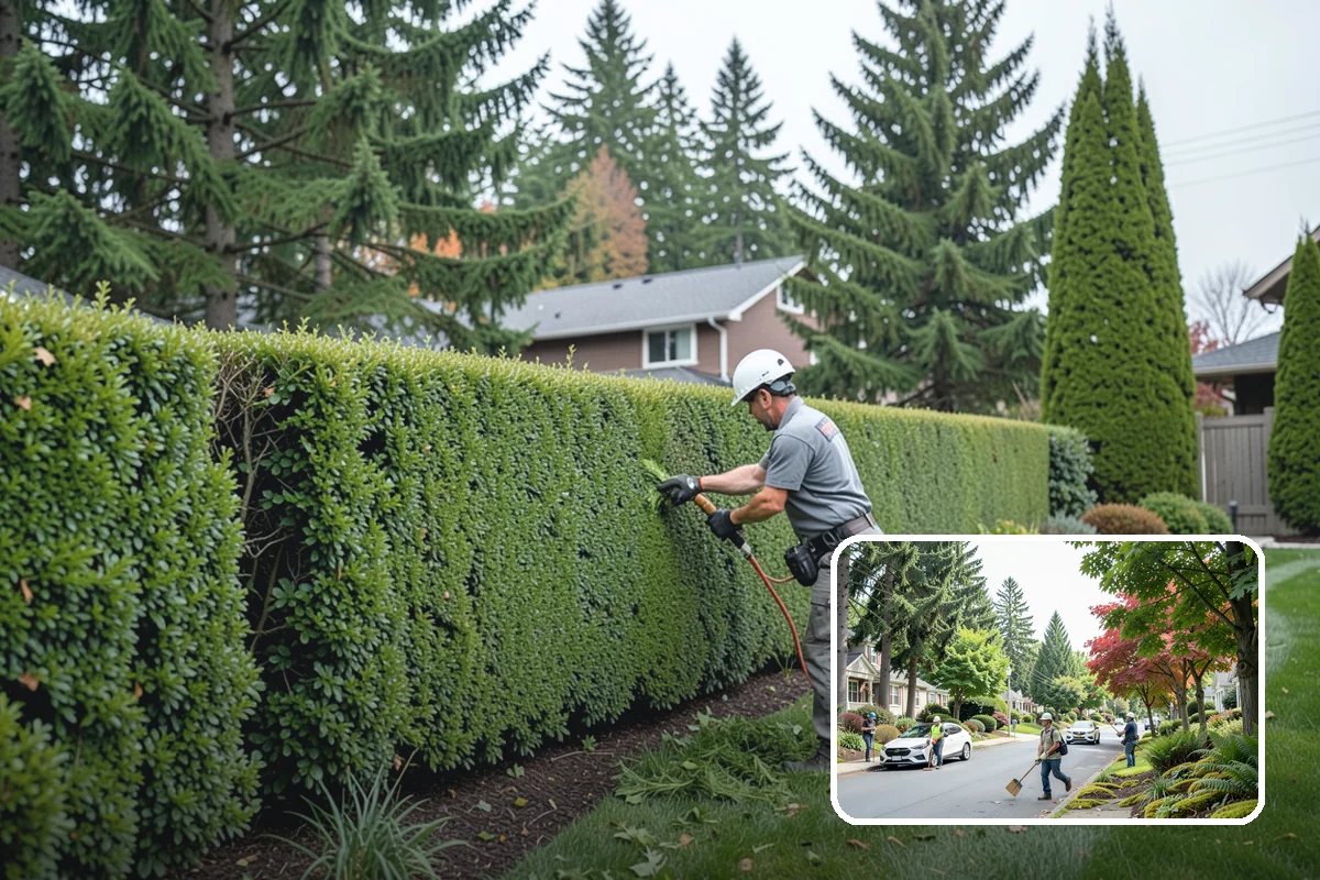 Evergreen Pruning in Beaux Arts Village, King County, WA - Cuts kept within living green to avoid bare spots
