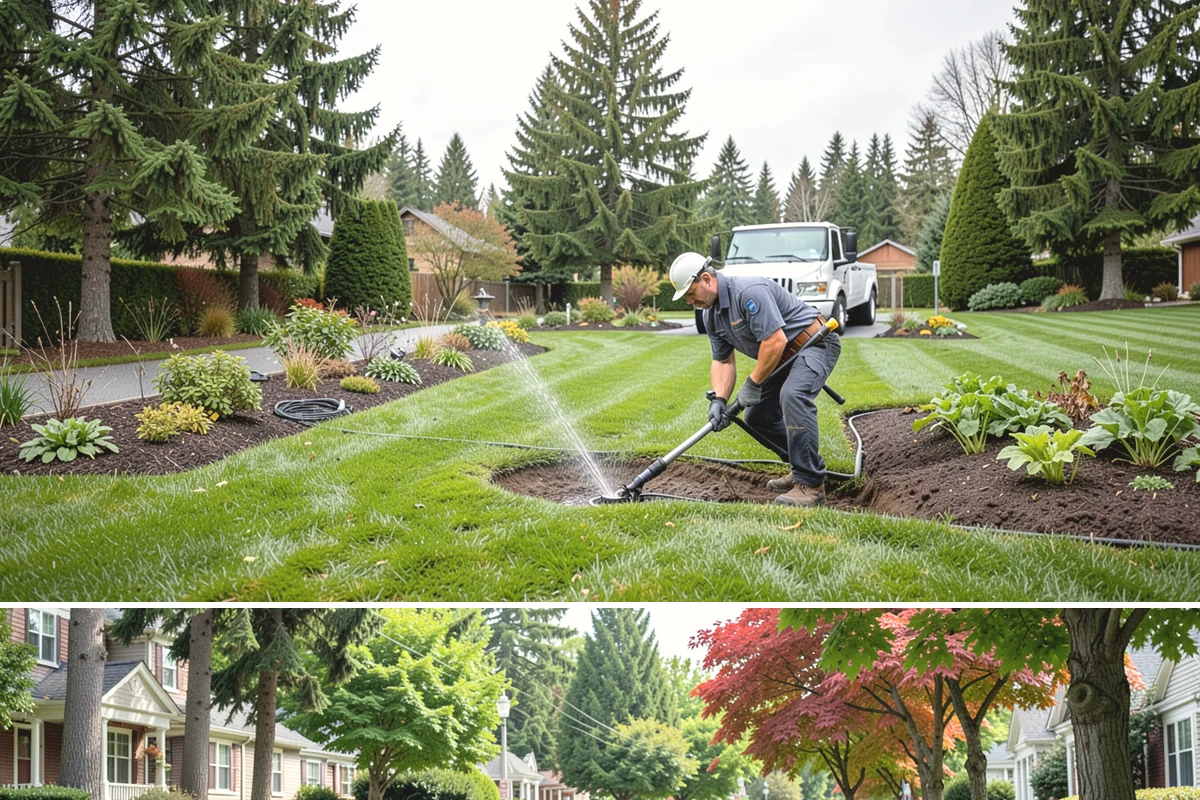 Evergreen Pruning in Beaux Arts Village, King County, WA - Conifer candles are pinched in late spring, while most structural evergreen pruning is done in late winter across the Sound.