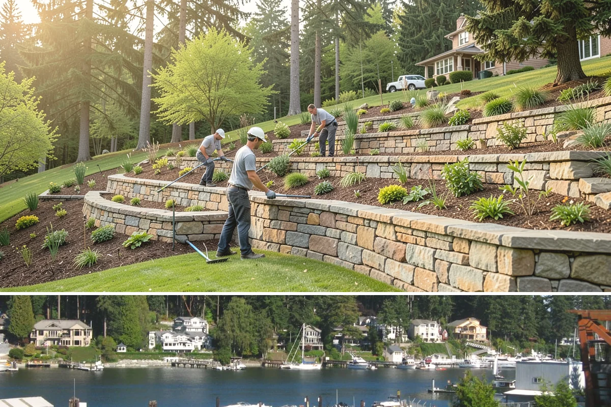Exposed Aggregate Concrete in Gig Harbor, Pierce County, WA - Warm, dry summer weather gives the precise cure timing needed to expose aggregate evenly and seal it before rain returns.