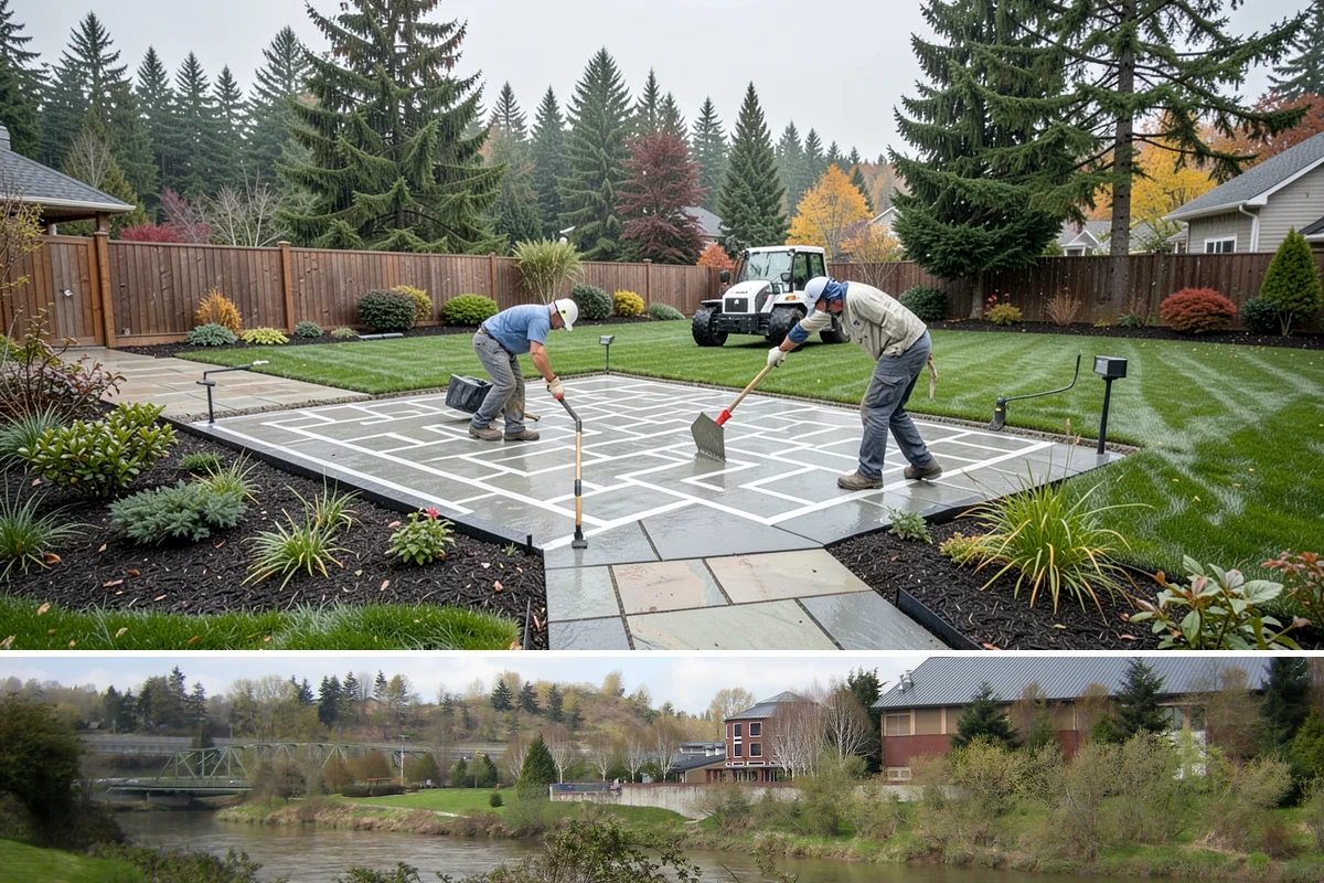 Exposed Aggregate Concrete in Tukwila, King County, WA - Warm, dry summer weather gives the precise cure timing needed to expose aggregate evenly and seal it before rain returns.