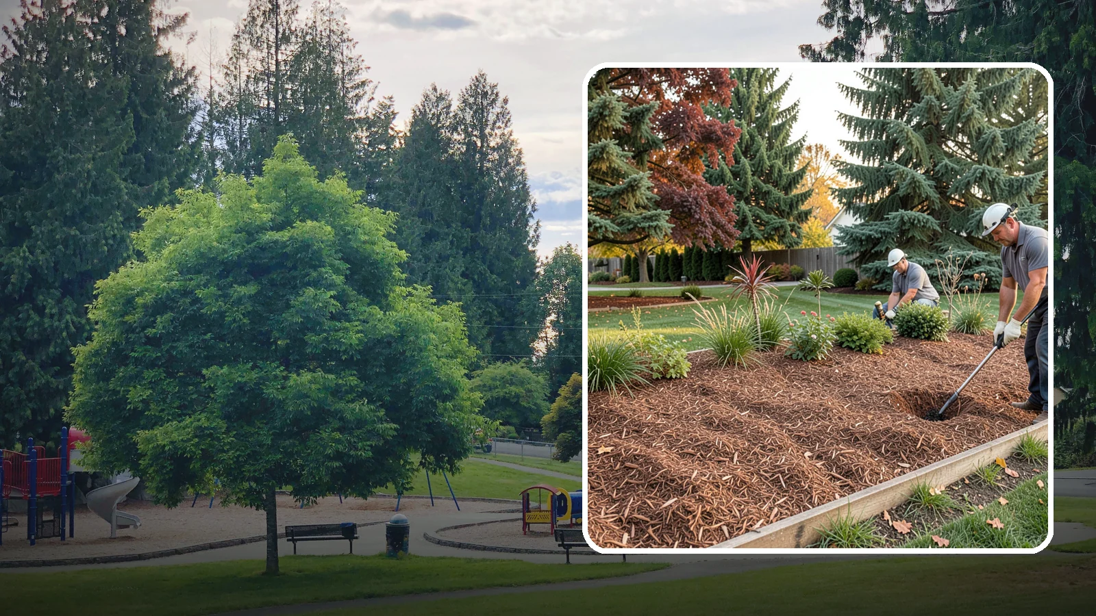 Fir Bark Installation in Bonney Lake, Pierce County, WA - We install chunky Douglas fir bark that drains beautifully and gives large beds a rugged, natural texture.
