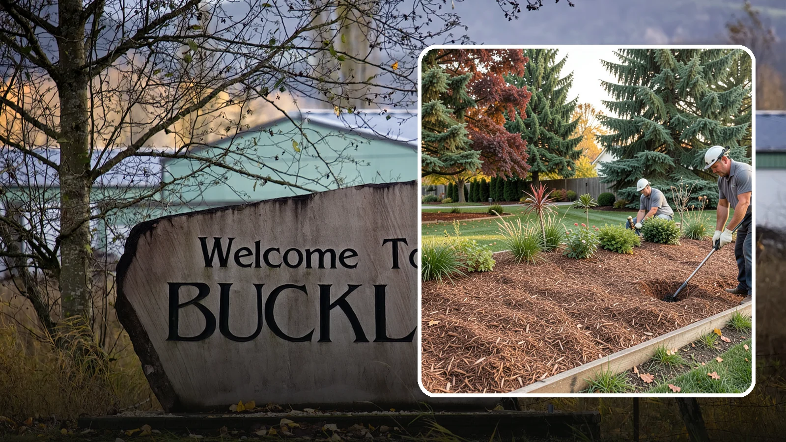 Fir Bark Installation in Buckley, Pierce County, WA - We install chunky Douglas fir bark that drains beautifully and gives large beds a rugged, natural texture.