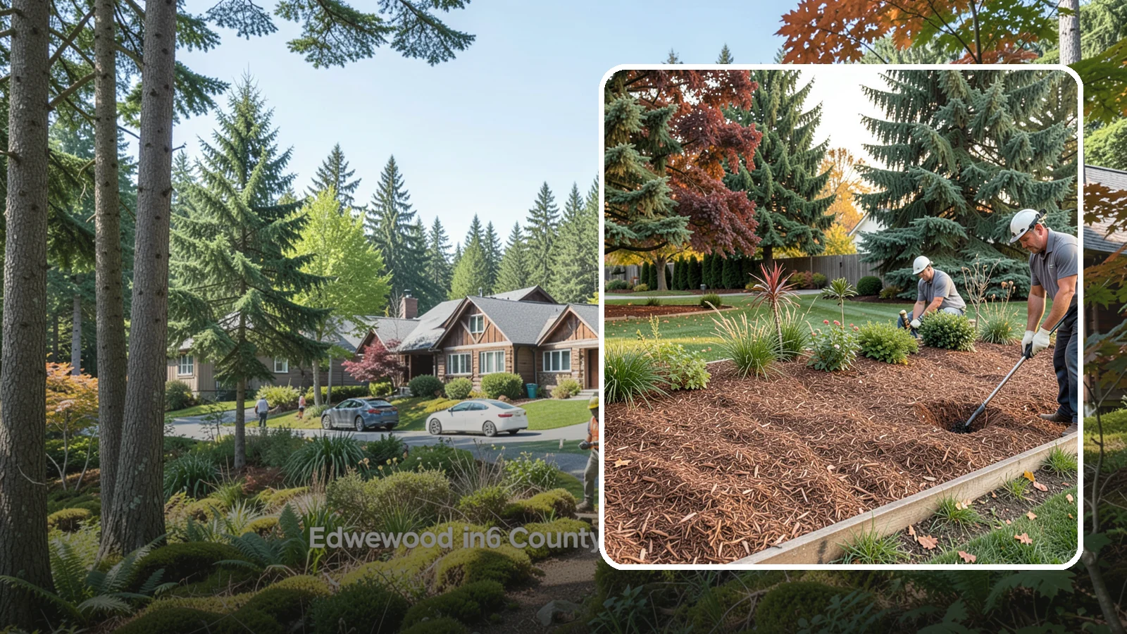 Fir Bark Installation in Edgewood, Pierce County, WA - We install chunky Douglas fir bark that drains beautifully and gives large beds a rugged, natural texture.