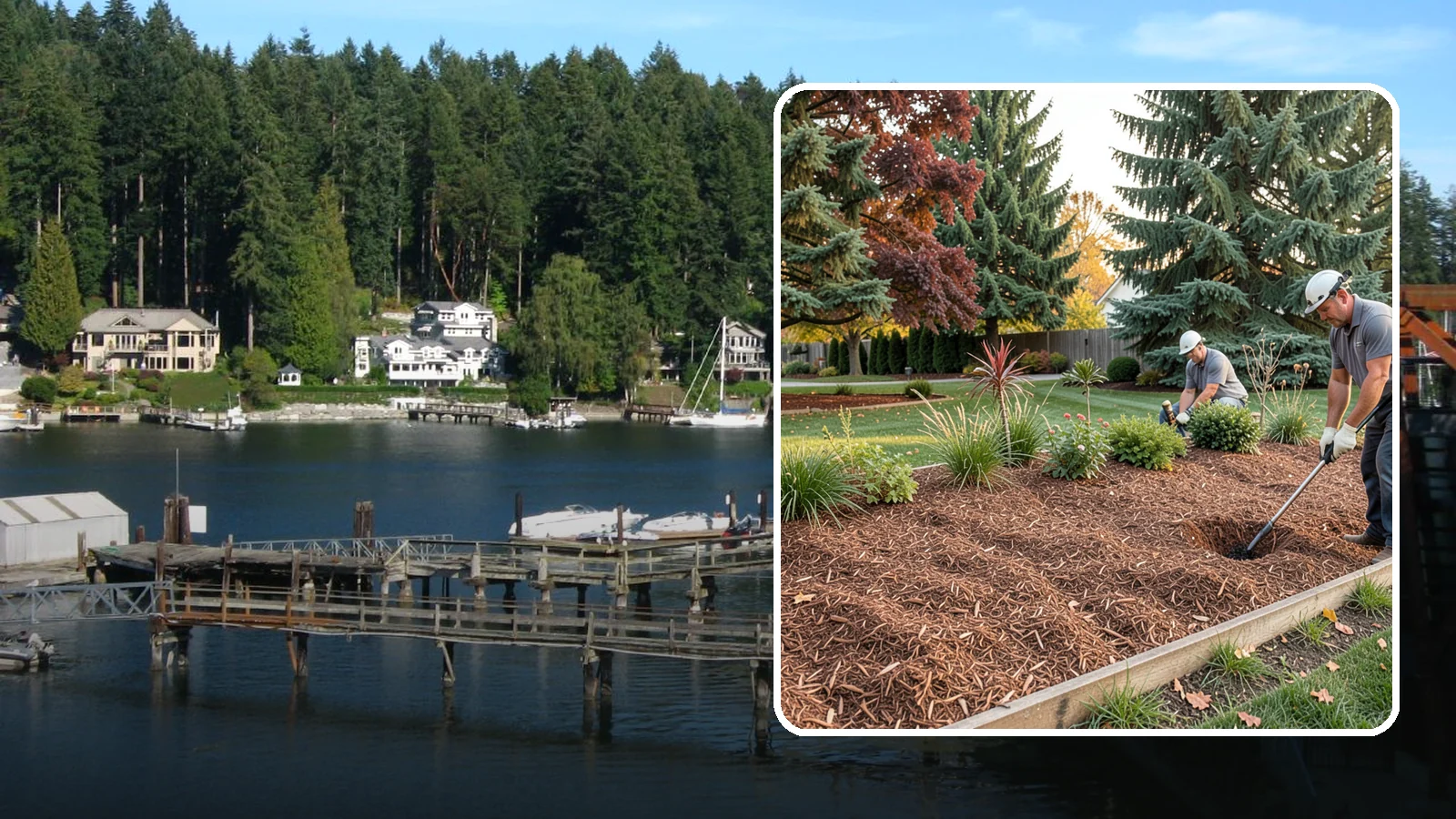Fir Bark Installation in Gig Harbor, Pierce County, WA - We install chunky Douglas fir bark that drains beautifully and gives large beds a rugged, natural texture.