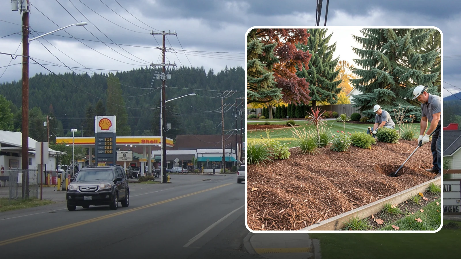 Fir Bark Installation in Granite Falls, Snohomish County, WA - We install chunky Douglas fir bark that drains beautifully and gives large beds a rugged, natural texture.