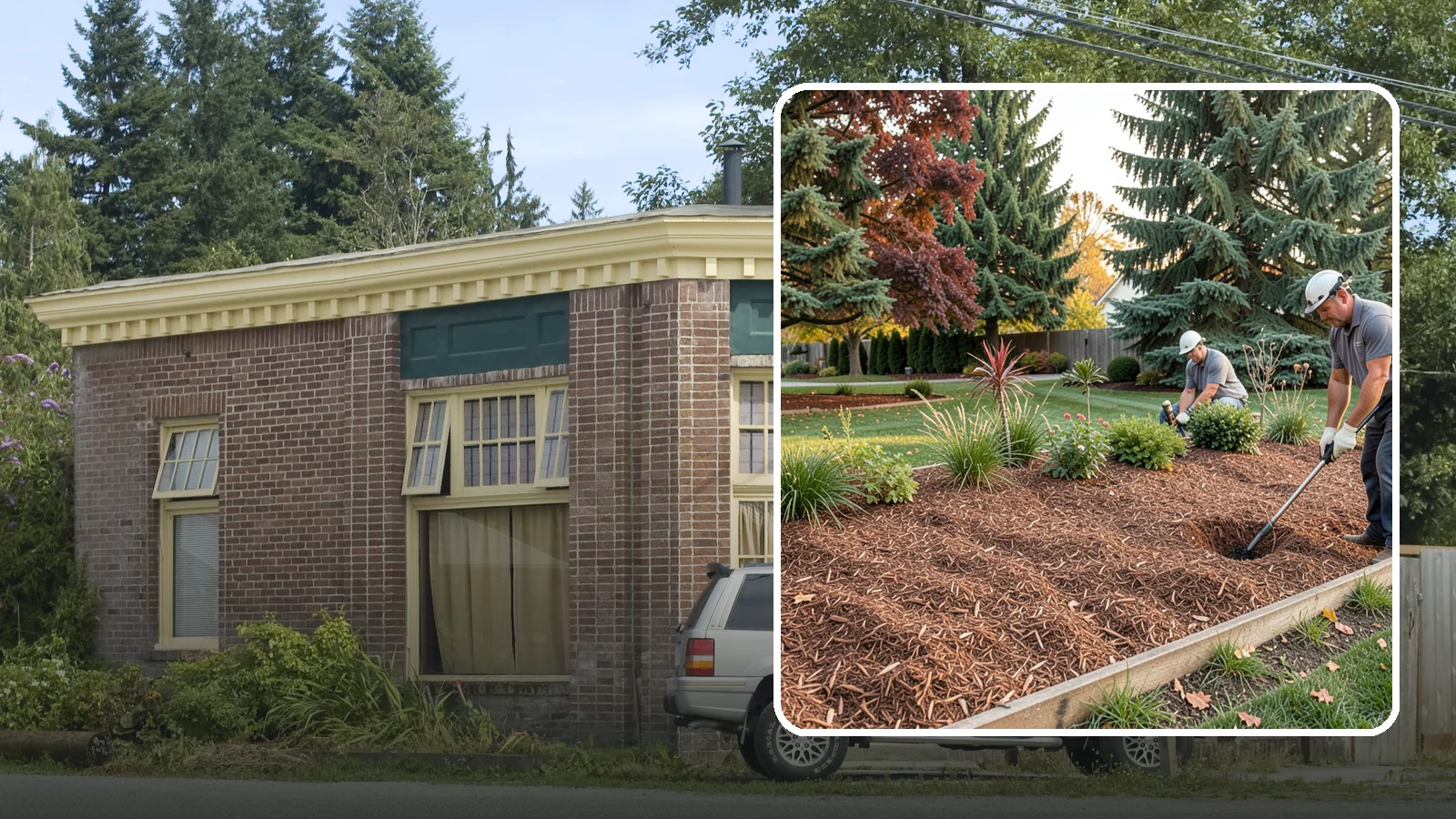 Fir Bark Installation in Hamilton, Skagit County, WA - We install chunky Douglas fir bark that drains beautifully and gives large beds a rugged, natural texture.