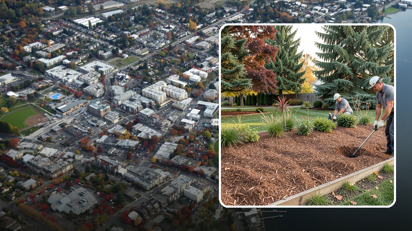 Fir Bark Installation in Kirkland, King County, WA - We install chunky Douglas fir bark that drains beautifully and gives large beds a rugged, natural texture.